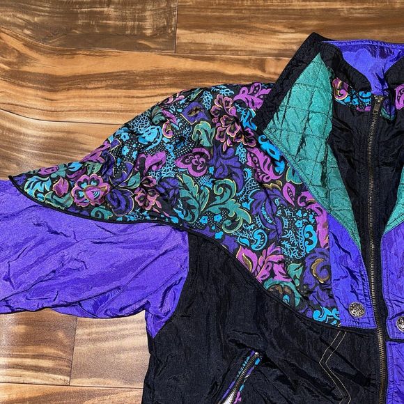 Vintage 90s Sports Accent Lined Floral Windbreaker Zip Jacket Womens Size Large - Picture 3 of 12